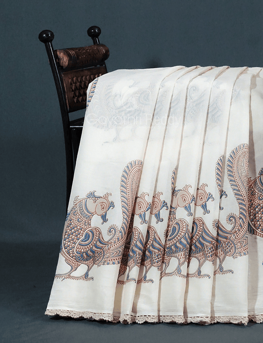 Cream Colour Peacock Block Print Crocia Mulmul Cotton Saree By Gayathri Reddy Designer Studio | Swadesiicart