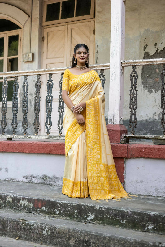 Vishnu Weaves Women's Yellow Handloom Raw Silk Woven Saree with Blouse - Swadesiicart