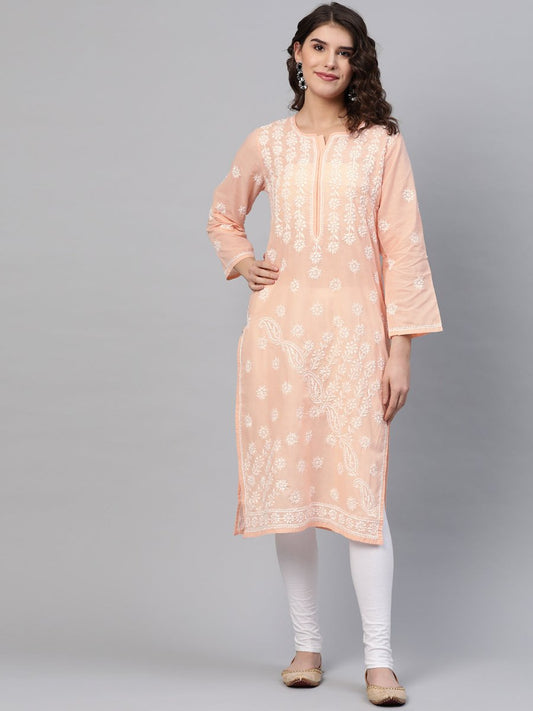 ADA Women Peach-Coloured & White Chikankari Embroidered Cotton Straight Sustainable Kurta | Swadesiicart