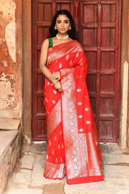 Joban Fashion Red Handwoven & Zari Work Soft Pure Handloom Banarasi Silk Saree | Swadesiicart