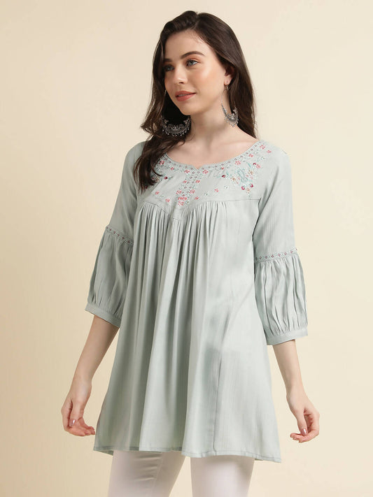 Light Blue Poly Cotton Yoke Embroidered A-line Top - Tarini - Swadesiicart