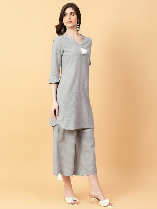 Joban Fashion Grey Cotton Khatha & Hand Work Co-ord Set - Swadesiicart