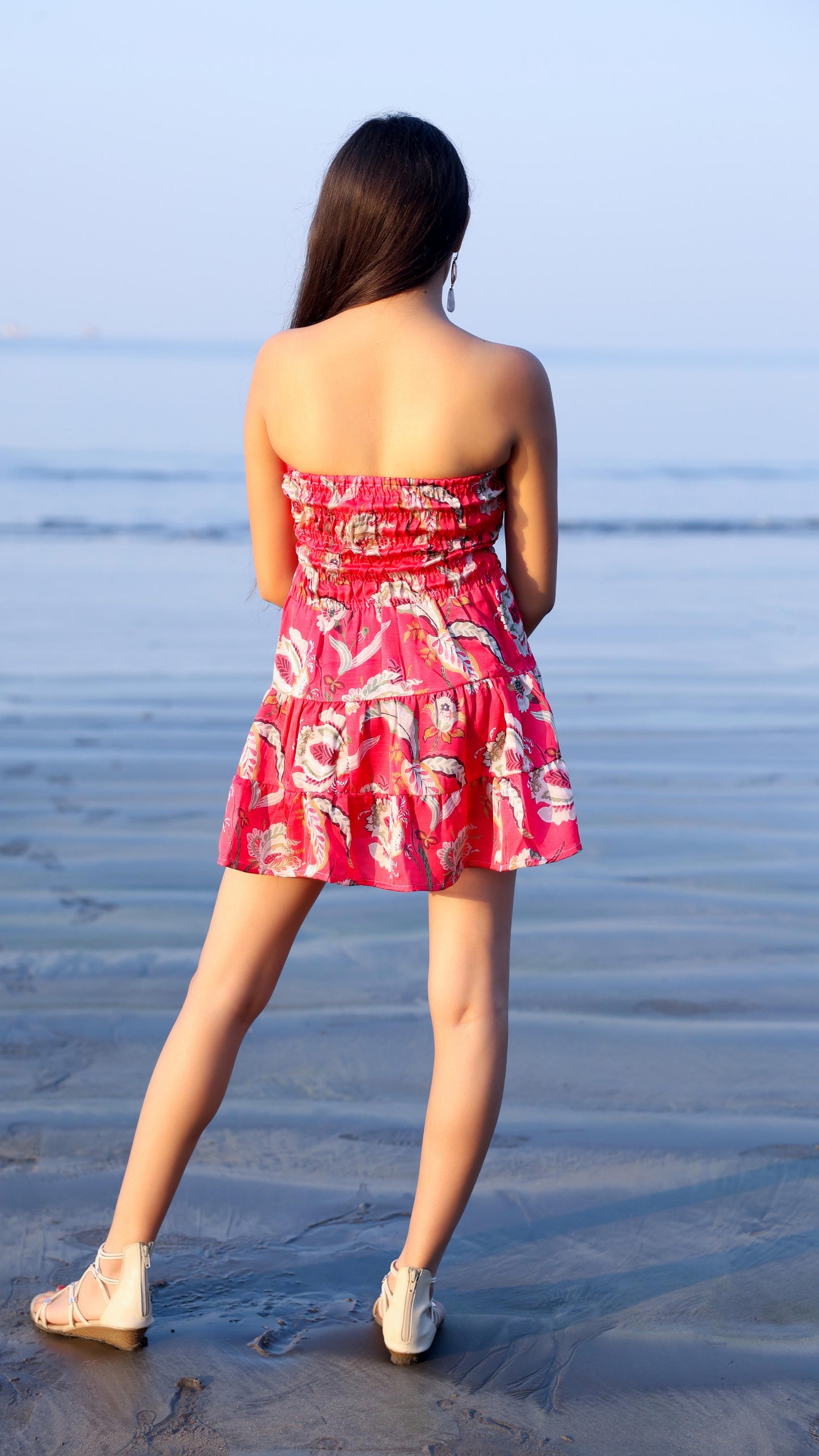 Noroke Linen Red Floral Mini Tiered Dress - Printed | Swadesiicart