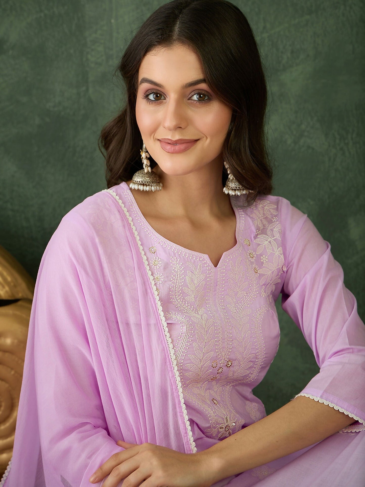 The52 Purple Women's Gorgeous Cotton Blend Fabric Thread Work Straight Kurta, Pant and Dupatta Set - Swadesiicart