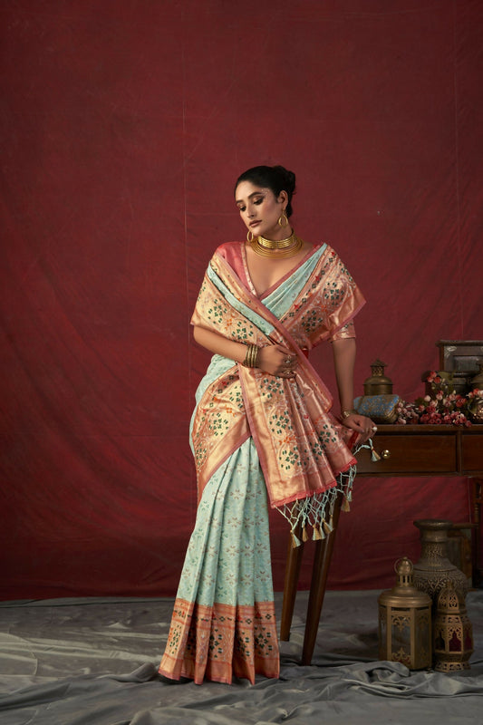 Vishnu Weaves Women's Sea-Green Paithani Silk Saree with Blouse - Swadesiicart