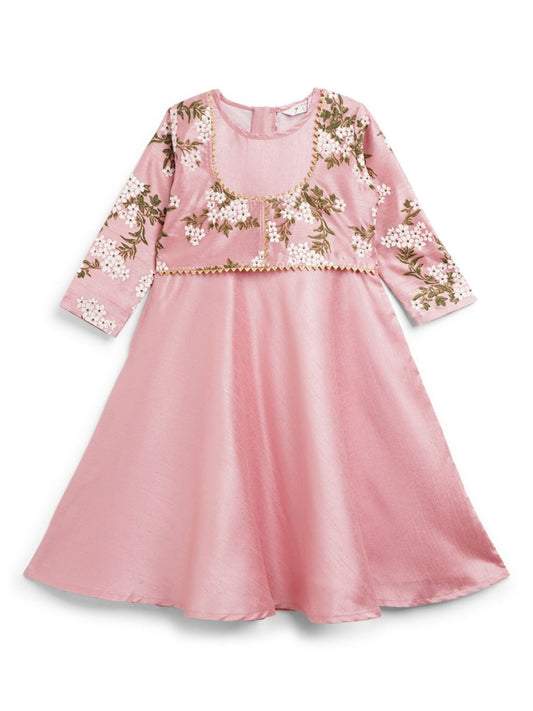Ahalyaa Girls Pink Poly Silk Solid Kids Kurta With Printed Jacket | Swadesiicart
