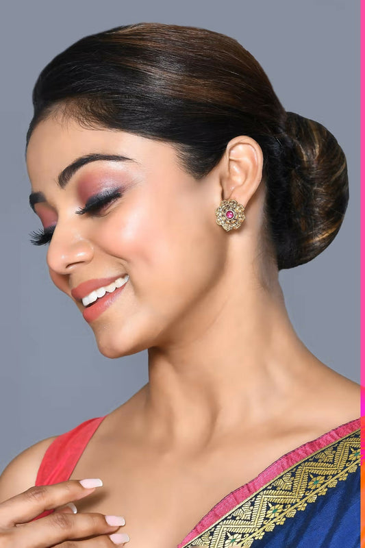 Joban Fashion Women Brass And Ruby Stone Golden Ruby Earrings