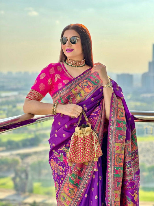 Vishnu Weaves Women's Purple Banarasi Silk Kashmiri Woven Saree with Blouse - Swadesiicart