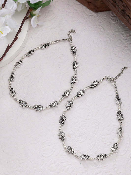NVR Women's Set of 2 Silver-Plated Elephant Design Anklets | Swadesiicart