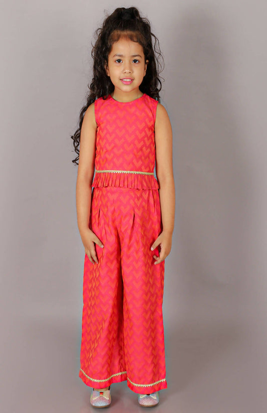Lil Drama Folklore Girls Pink Crop Top With Pants Co-Ordinate Set - Swadesiicart