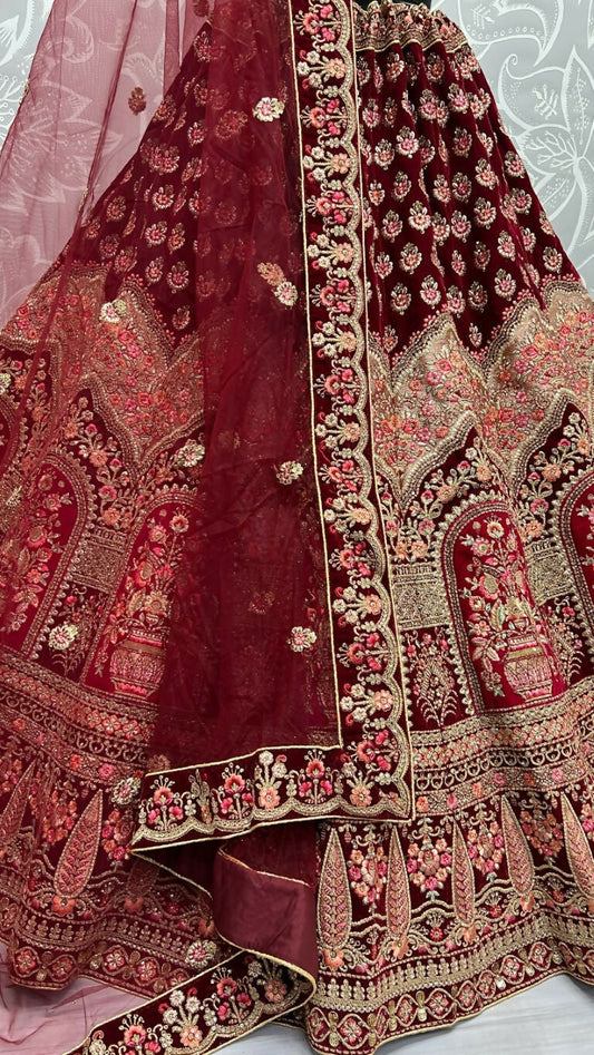 Jyoti Fashion Women's Maroon Velvet Multi Thread Embroidered with Zircon Diamond Wedding Lehenga Choli | Swadesiicart