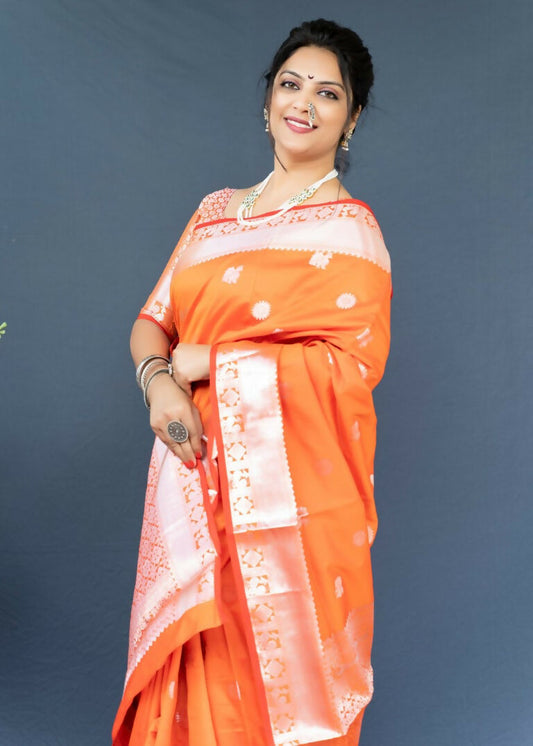 Jyoti Fashion Women's Orange Soft Banarasi Silk Zari Woven Saree with Blouse | Swadesiicart