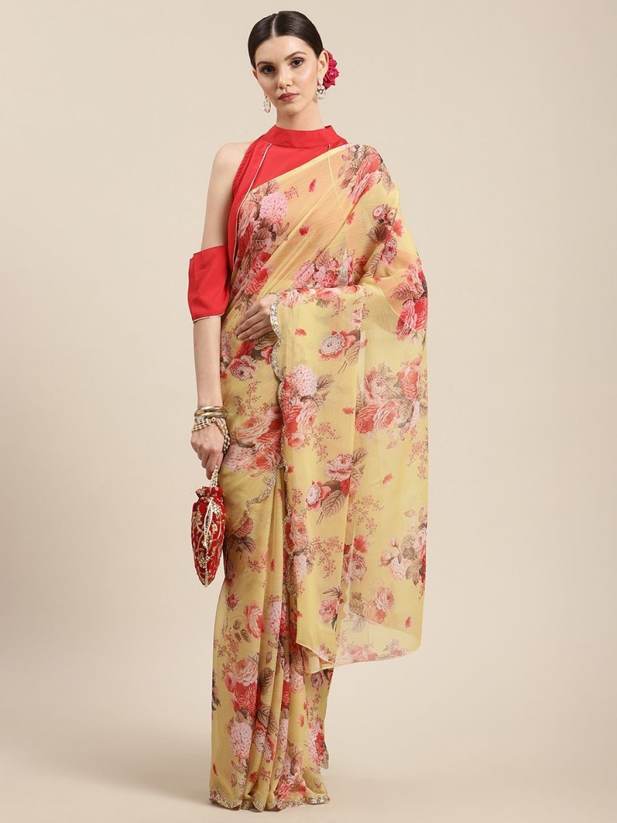Ahalyaa Women's Yellow Chiffon Digital Print Floral Saree | Swadesiicart