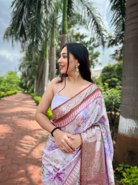 Vamsee Srivali Srivali -Brown Pure Soft Tussar Dola Satin Silk Saree - Swadesiicart