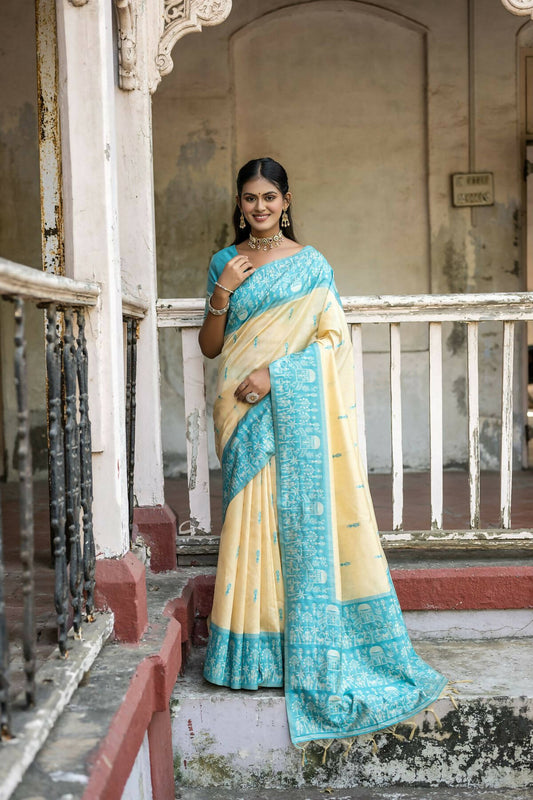 Vishnu Weaves Women's Firozi Handloom Raw Silk Woven Saree with Blouse - Swadesiicart