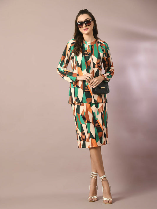 Myshka Women's Multi Printed Round Neck Party Top With Skirt Co-ord set - Swadesiicart