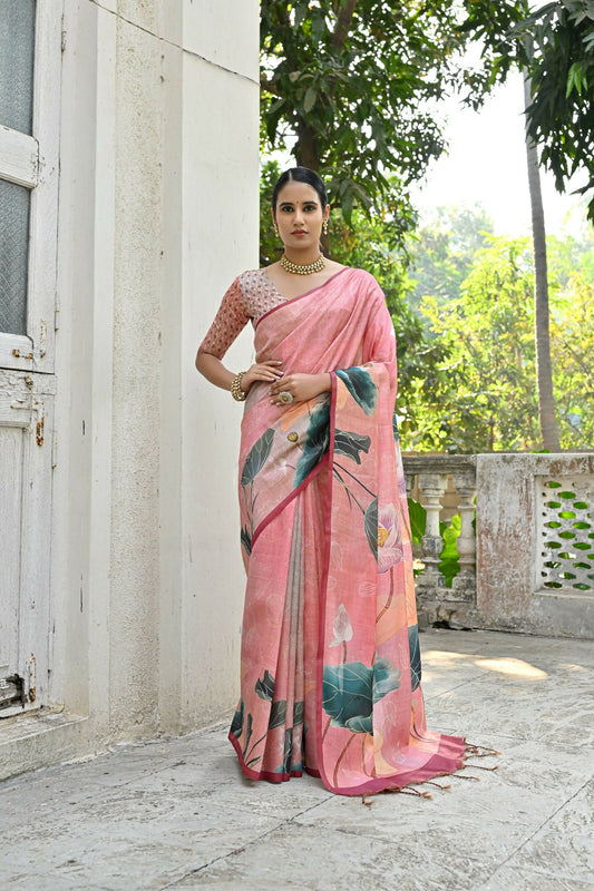 Vishnu Weaves Women's Peach Cotton Silk Saree with Blouse - Swadesiicart
