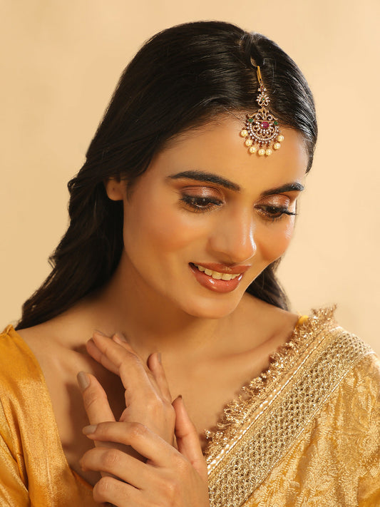 Nuyug 18K Gold Plated Ethereal Gulabi Stone Maang Tikka | Swadesiicart