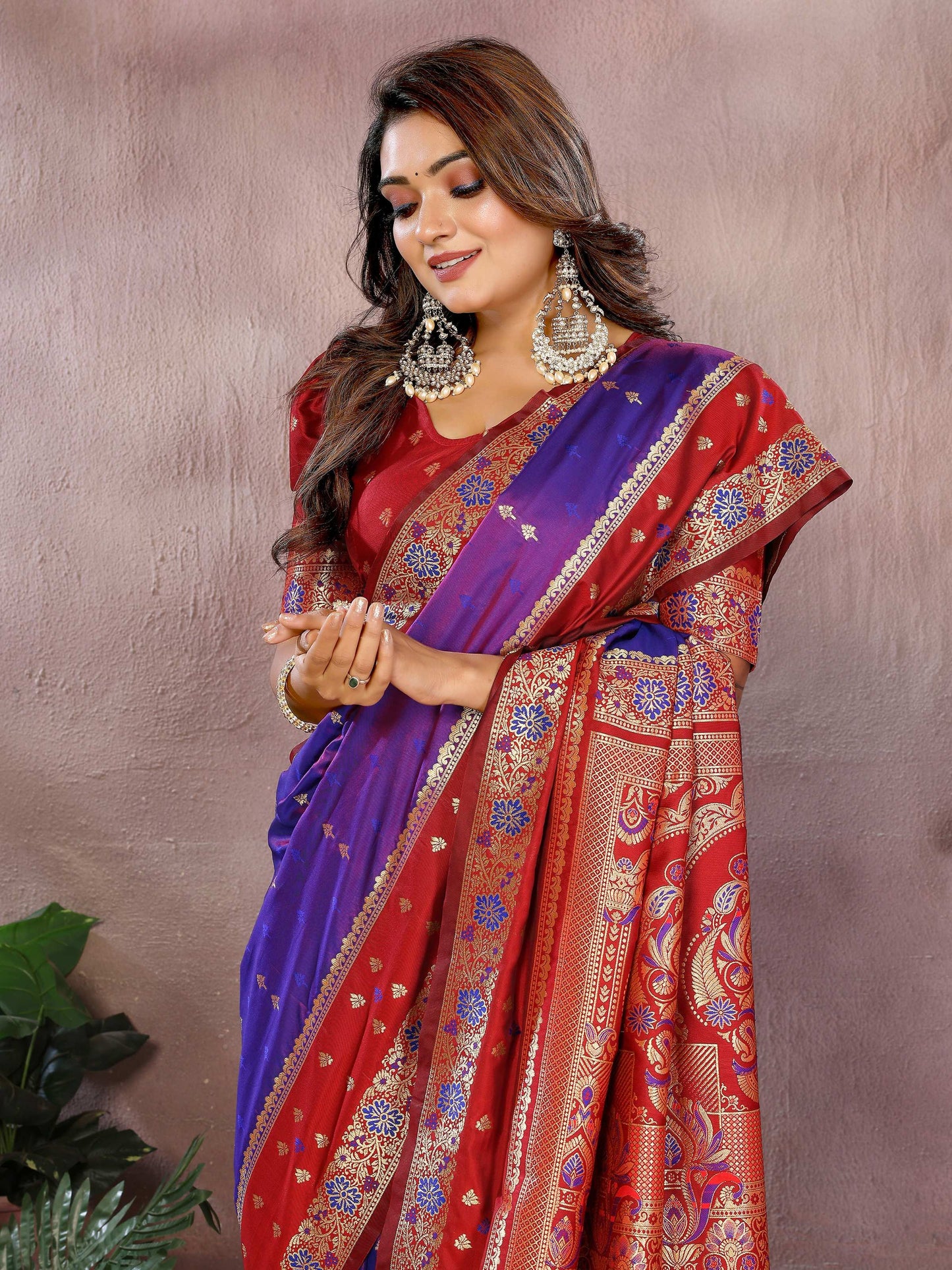 Aastha Fashion Purple Kalamkari Silk Zari Woven Saree