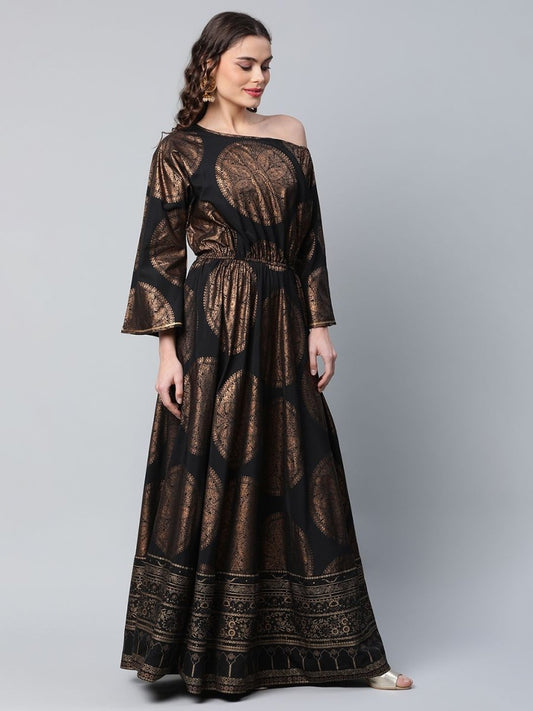 Ahalyaa Womens Black Crepe Copper Foil Printed Maxi Dress | Swadesiicart