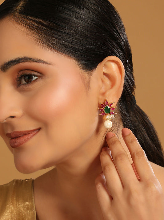 Nuyug 22K Gold-Plated Pearl Drop Floral Shaped Stud Earrings | Swadesiicart