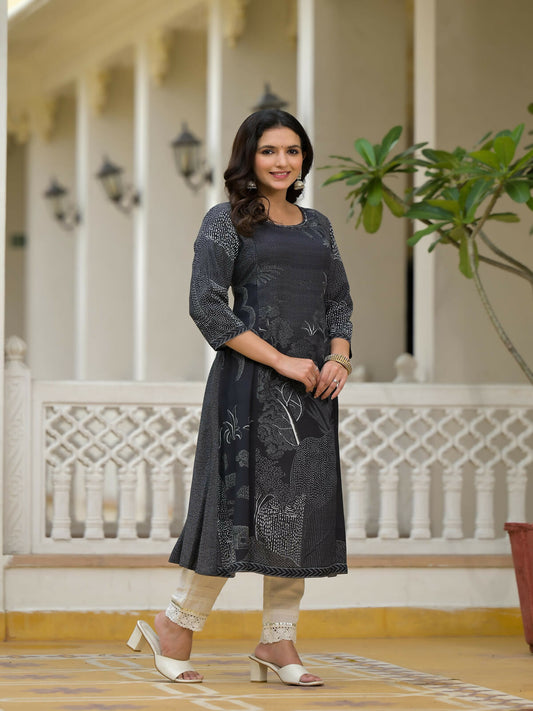 Juniper Women's Black Abstract Printed Kurta With Sequins - Swadesiicart
