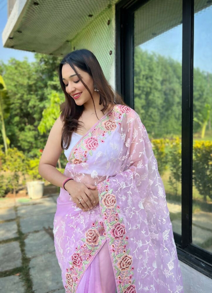 Vamsee Zoya Lavender Organza Silk Saree - Swadesiicart