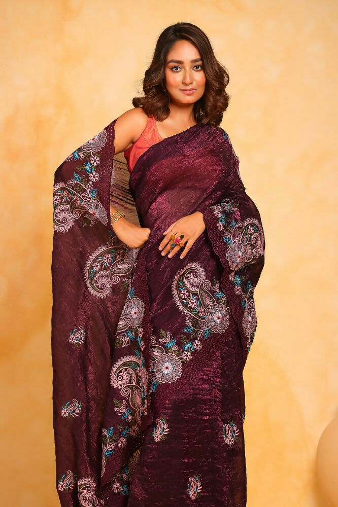 Vamsee Suhanisha Wine Korean Shimmer Silk Saree - Swadesiicart