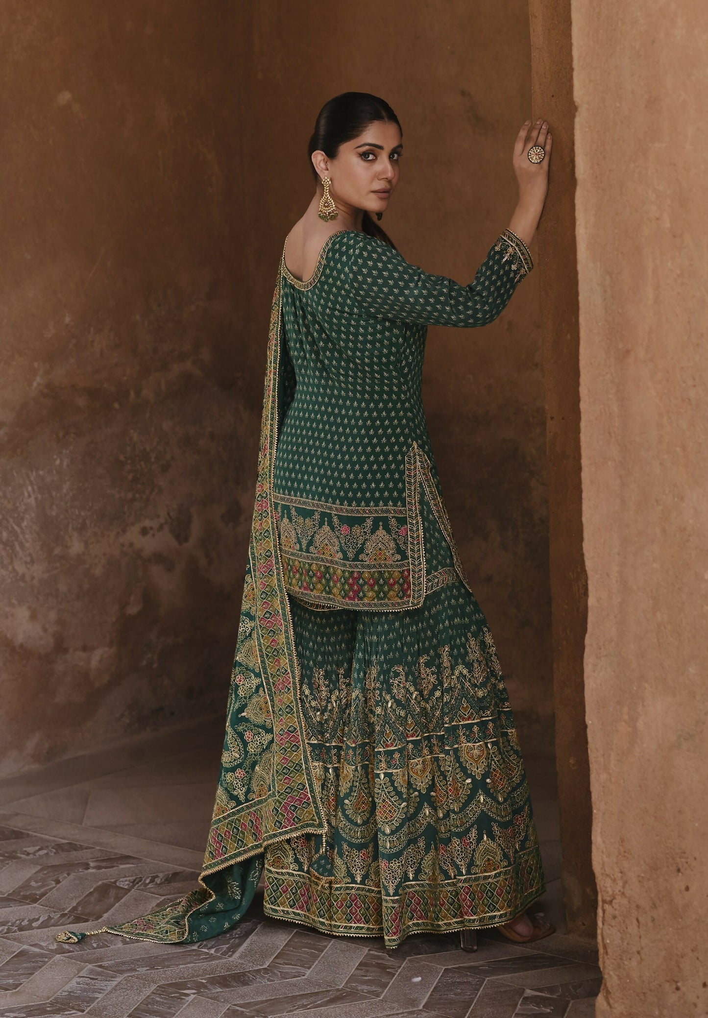 Anaita Dark-Green Silk Readymade Palazzo Suit with Swarovski Work