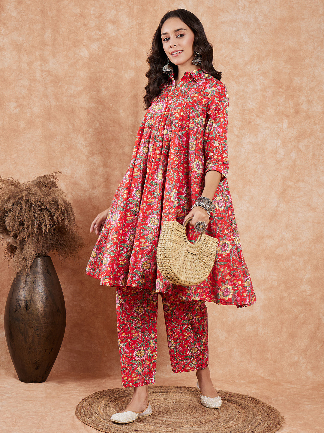 InWeave Women's Red Yellow Floral Print Flared Kurta Pant Set - Swadesiicart