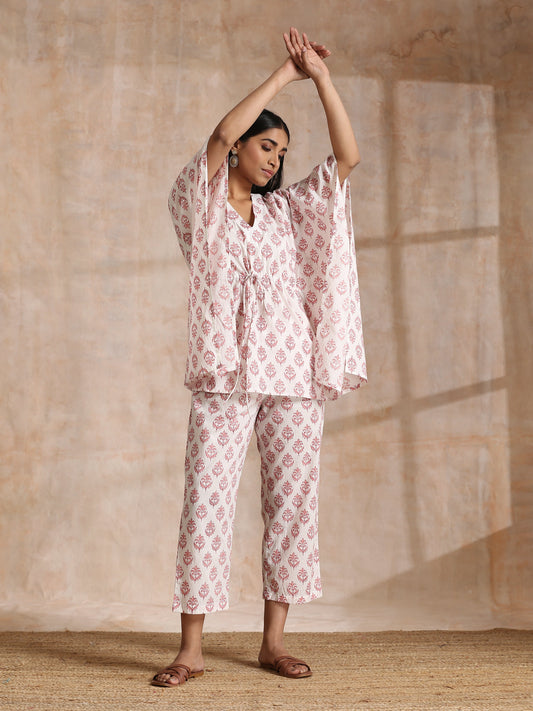 trueBrowns Pink Buta On White Block Print Cotton Kaftan Co-Ord Set - Swadesiicart