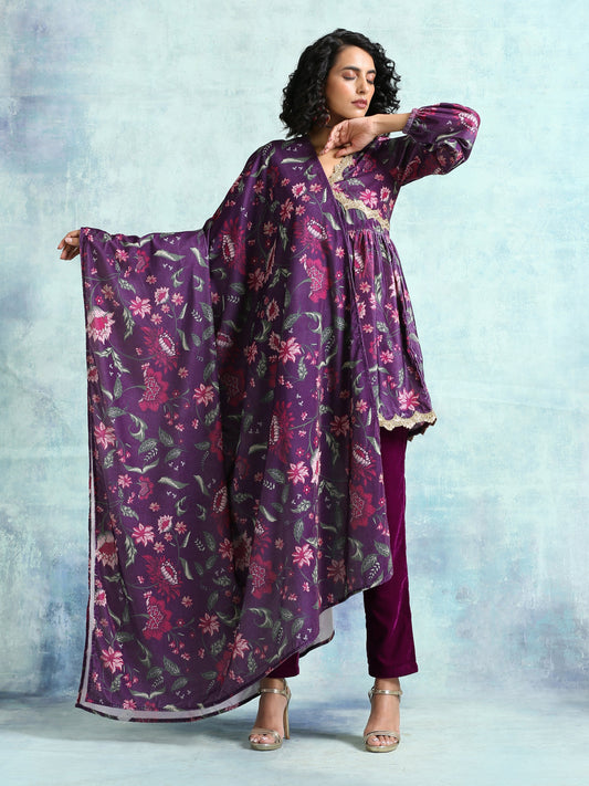 trueBrowns Wine Printed Velvet Shawl | Swadesiicart