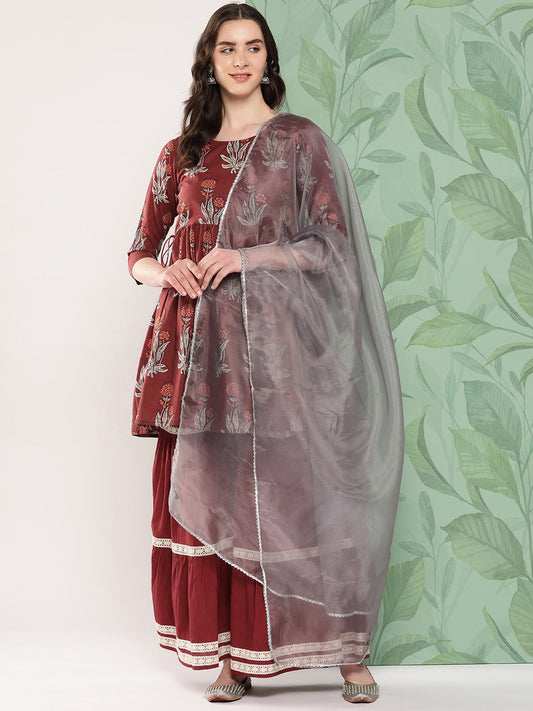 InWeave Women's Brick Rust Boota Sharara Set With Dupatta - Swadesiicart