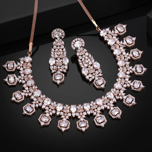 Estele Rhodium Plated CZ Astonishing Necklace Set with White Stones for Women - Swadesiicart