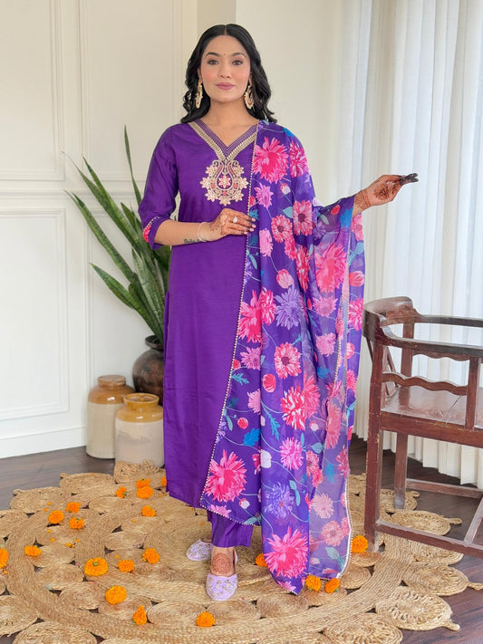 The52 Women's Beautiful Roman Silk Embroidered Straight Kurta with Pant And Dupatta Set - Swadesiicart