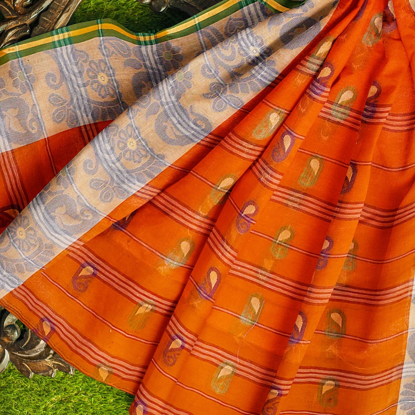 Exclusive Collection 100% Pure Cotton Orange Tant Saree With Hand Weaving Work - Swadesiicart