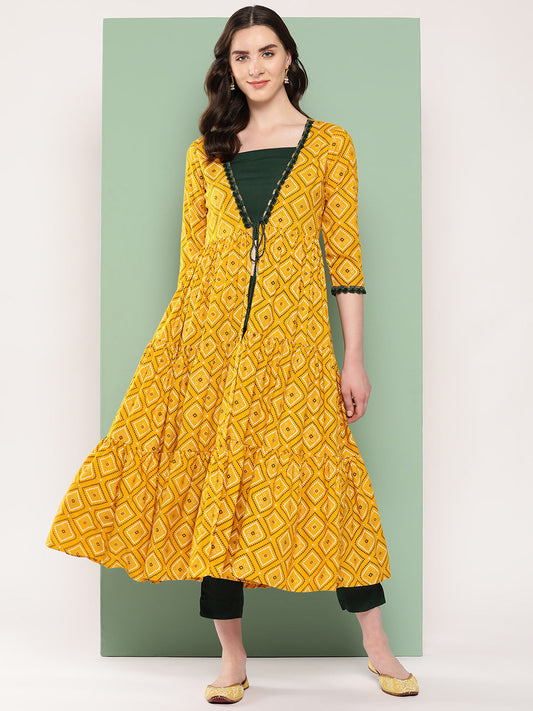 InWeave Women's Green Top Bottom W Mustard Bandhej Long Shrug Set - Swadesiicart