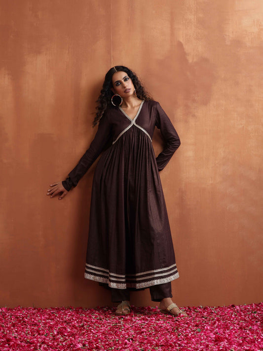 trueBrowns Brown Metallic Flared Anarkali Kurta Set | Swadesiicart