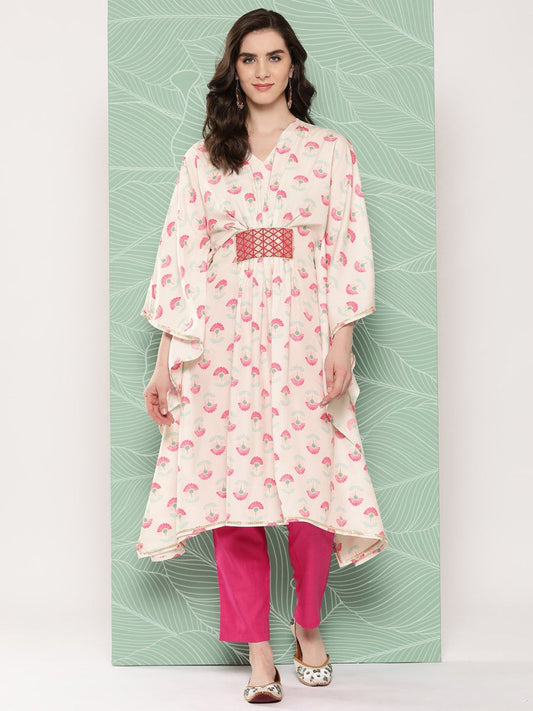 Ahalyaa Women Floral Printed Flared Sleeves Gotta Patti Crepe Kaftan Kurta | Swadesiicart