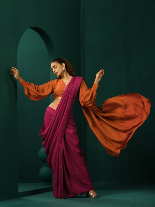 trueBrowns Maroon Rust Silk Ready To Wear Saree | Swadesiicart