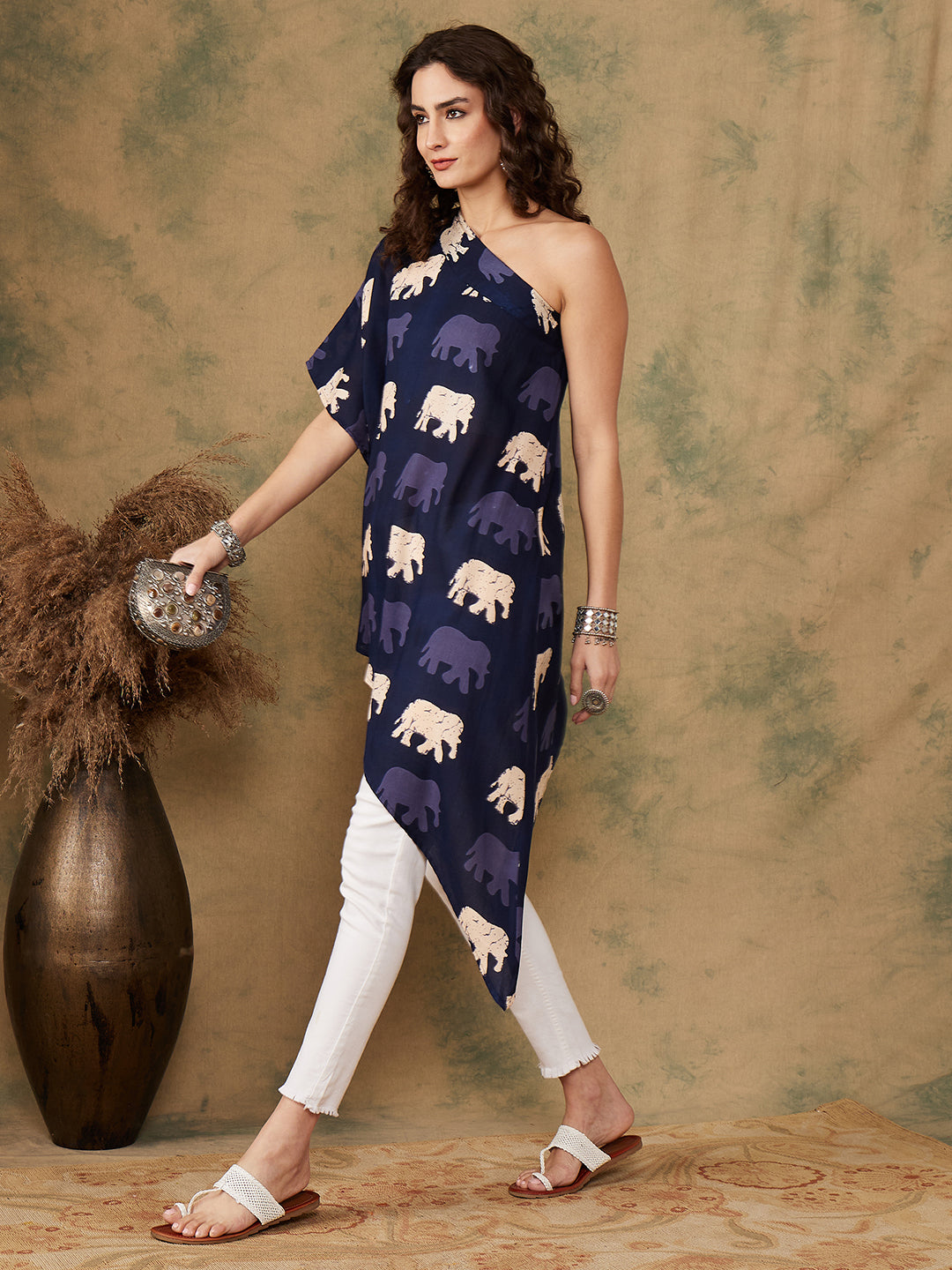 InWeave Women's Blue Elephant Print Oneshoulder Top - Swadesiicart