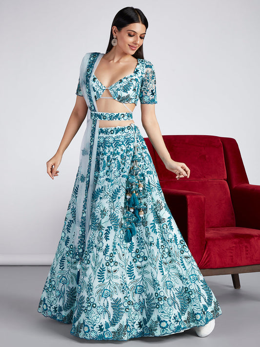 House of Panchhi Turquoise Blue Net Sequins, Mirror And Thread Embroidery Lehenga Choli & Dupatta | Swadesiicart