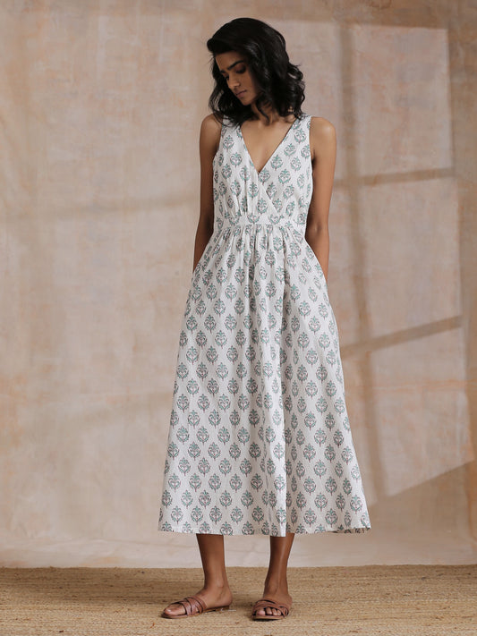 trueBrowns Green Buta On White Block Print Cotton Sleeveless Wrap Dress | Swadesiicart