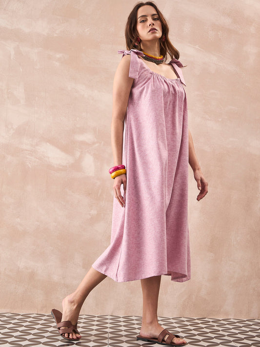 InWeave Dull Pink Linen Round Pleat Bow Dress - Swadesiicart