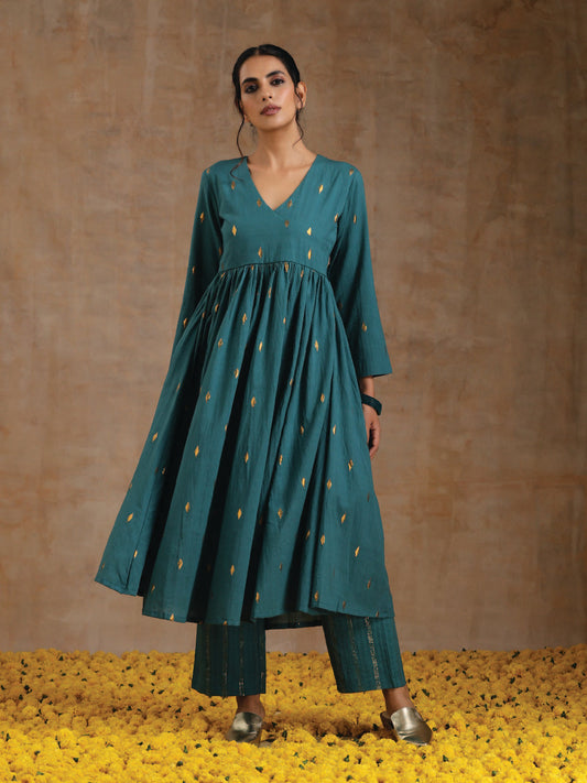 trueBrowns Deep Sea Gold Cotton Kalidar Kurta Set | Swadesiicart
