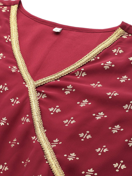 Ahalyaa Women Maroon Floral Empire Kurta with Palazzos | Swadesiicart