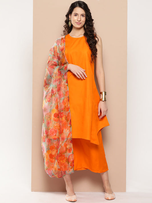 InWeave Women's Tangy Orange Short Pallazo Set W Green Or Dupatta - Swadesiicart
