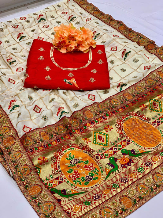 Lorenvalley Fashion Premium White Vichitra Silk Embroidery and Diamond work Both Side Saree - Swadesiicart