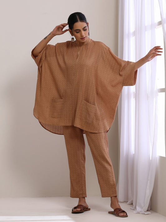 trueBrowns Beige Dobby Boxy Fit High-Low Co-Ord Set - Swadesiicart