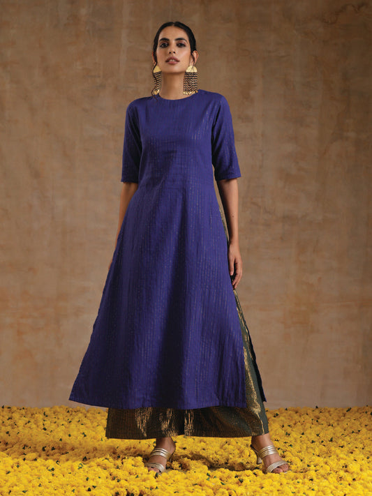 trueBrowns Spectrum Blue Gold Cotton High Slit Kurta Set | Swadesiicart